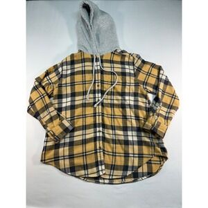 American Eagle Women Mustard Yellow Black Plaid Hooded Flannel Shirt Size M